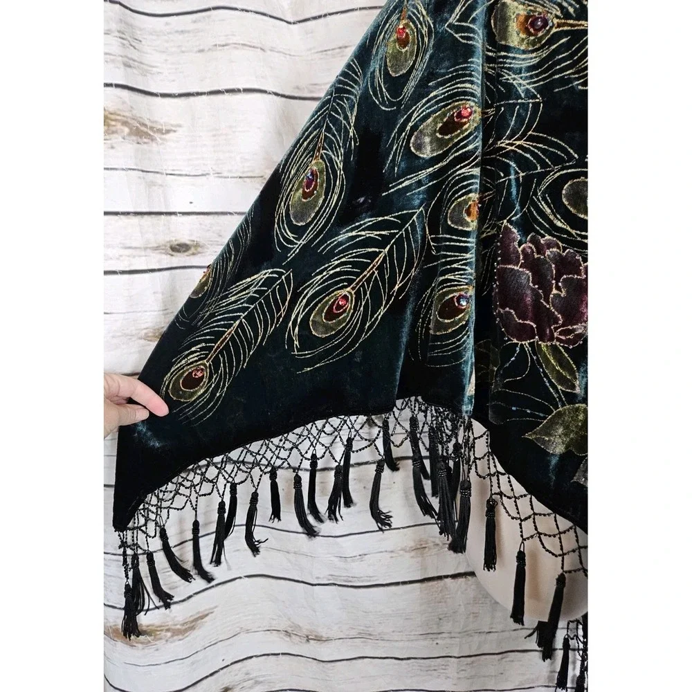 Coldwater Creek Velvet Beaded Fringe Poncho OS Peacock Feather Print Tassels